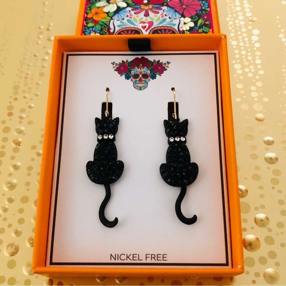 Bella & Jack Black Cat Rhinestone Dangle Earrings, New, Day Of The Dead Gift Box